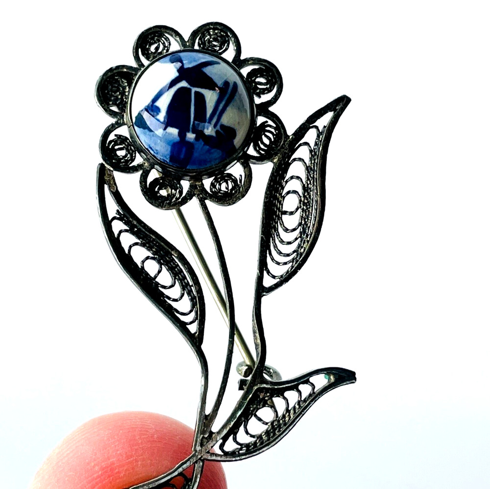 Vtg Blue White Delft Windmill Filigree Flower Brooch Dainty Pin C Clasp Signed